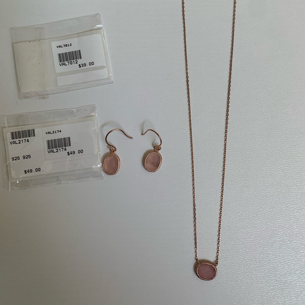 Matching Rose Quartz pendant and earring set sterling silver  rose plated